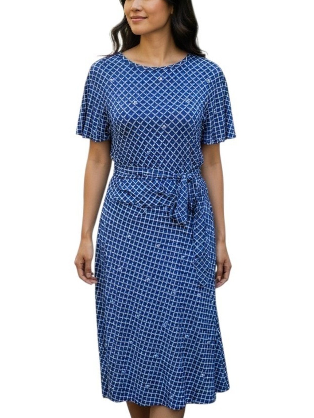 Ralph Lauren Blue Geometric Print Tie-Waist Dress Women's Short Sleeve M Comfy
